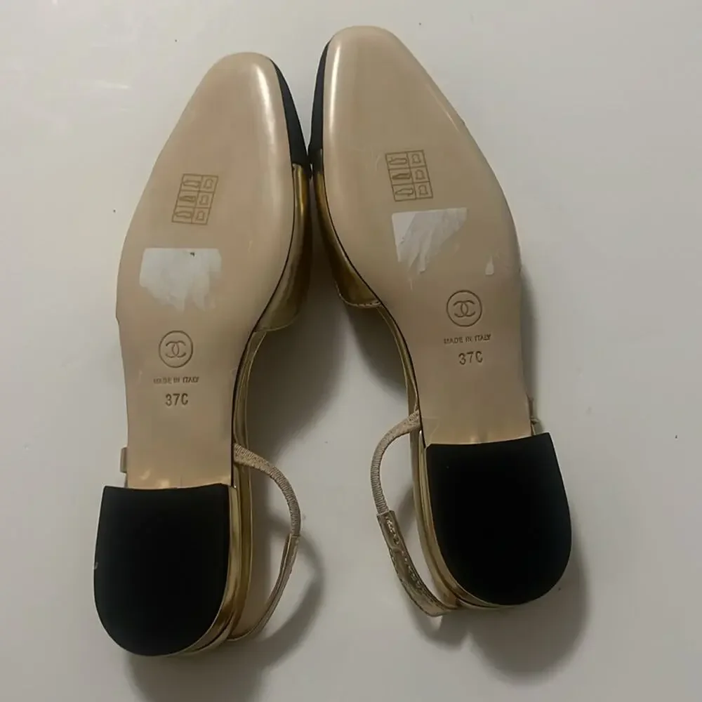 CHANEL LAMINATED LAMBSKIN GROSGRAIN CAP TOE CC SLINGBACK FLATS‎ SZ 37